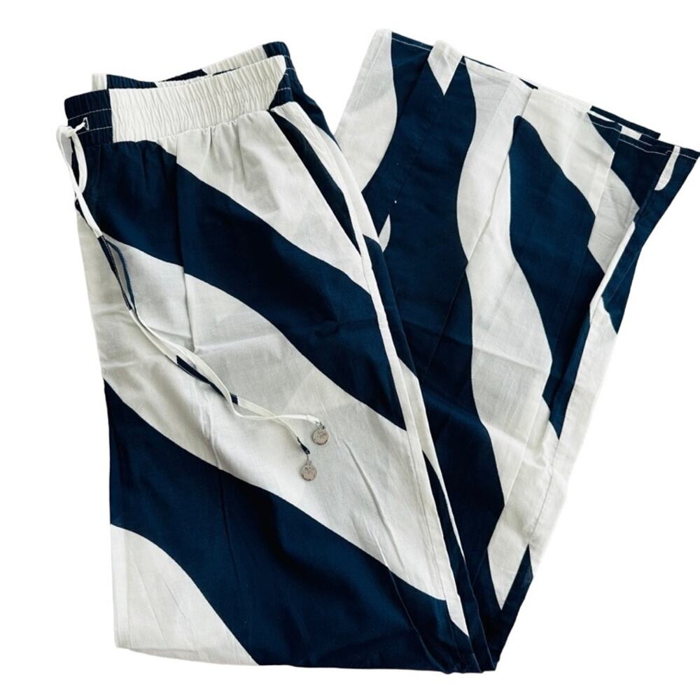 Milly Cabana Cover Up Pant Blue White Cotton Size Large Wide Leg Beach